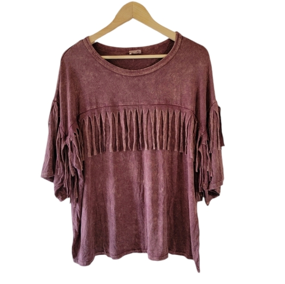 Blue Buttercup Women Burnout Red Fringe Top Sz M Boho Grunge Festival Minimalist - Picture 12 of 12